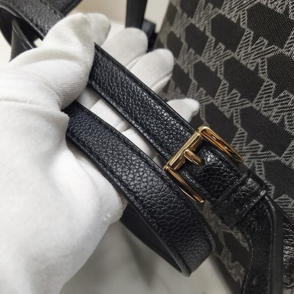 Michael Kors Brown Canvas Leather Trim MK Printed Top Zipper Closure Backpack - Picture 4 of 16